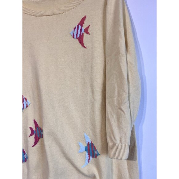 Talbots Women Yellow Embroidered Angel Fish Sweater 1X 3/4 Sleeve 100% Cotton - Picture 3 of 11